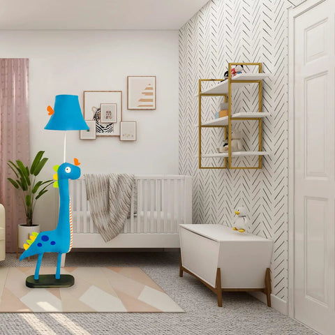 Blue Dinosaur Kids Floor Lamp With Adjustable Height From 50 Inches To Taller Modern Hand Stitched Toy Standing Lamp next to crib