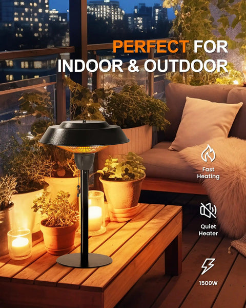 Infrared Patio Tabletop Heater With Tip Over Protection IP44 Waterproof 1500W Outdoor Heater Delivers Fast Quiet Heat For Up To 110 Sq Ft In Hammered Bronze Finish on a patio table surrounded by plants.