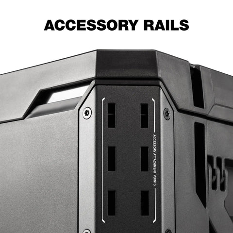 Close-up of StackTech XL Tool Box Organizer With Locking System And Removable Tray showing accessory rails on black finish