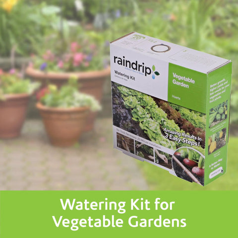 Drip Irrigation Kit For Vegetable Gardens With Fifty Feet Of One Quarter Inch Dripline, Box Display in Garden Setting