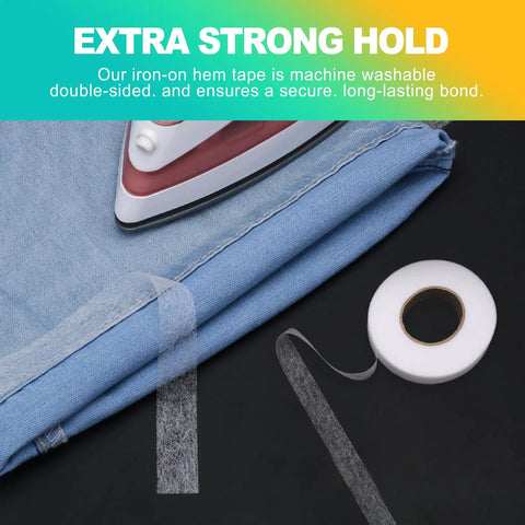 Close-up of no sew iron on hemming tape with iron on denim, showcasing extra strong washable bond for fabrics and clothing repairs.