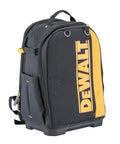 Massive 40 Liter Tool Backpack Built Tough As Nails For Contractors with black and yellow design, padded straps, and zippered compartments.