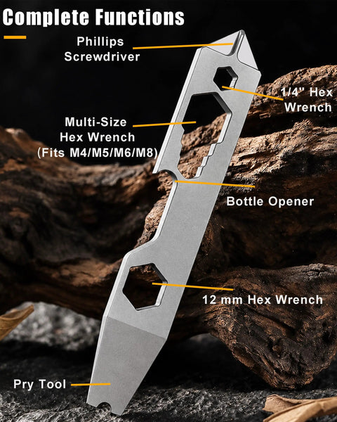Absolute Badass Titanium EDC Pry Bar And Multi Wrench Combo For Daily Grind And Quick Fixes Compact Pocket Tool showing a multifunctional design with hex wrenches, screwdriver, and bottle opener.