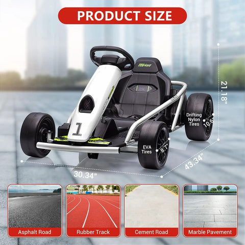 Side view of 24V Kids Electric Go Kart With Dual 250W Motors And 9Ah Battery, 8 MPH Drifting Ride On Toy, White, on pavement.