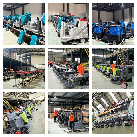 Heavy Duty Factory Floor Sweeper Machine For Industrial Cleaning Applications in a warehouse, various models lined up for inspection.
