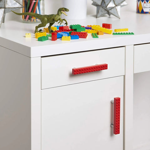 Straight Up Premium Set Of 2 Red Build On Brick Drawer Pulls Compatible With Interlocking Building Bricks Heavy Duty Brass Core Hassle Free Cabinet Knobs For A Slick Kitchen Setup on white cabinet.