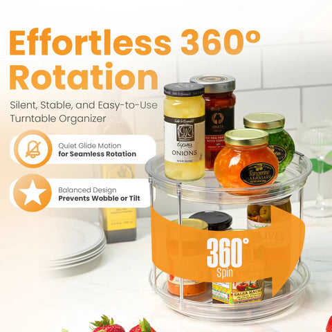 Clear Two Tier Lazy Susan Organizers Two Pack With Effortless Smooth Spin Turntable Silent Revolving Base maximizing vertical counter space with spice jars.