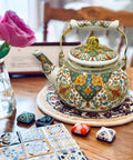 Floral Enamel Tea Kettle With Ceramic Handle Two And A Half Liter Capacity Vintage Gold Beige Boho Porcelain Teapot For Stovetop