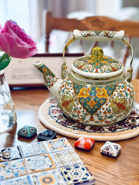 Floral Enamel Tea Kettle With Ceramic Handle Two And A Half Liter Capacity Vintage Gold Beige Boho Porcelain Teapot For Stovetop