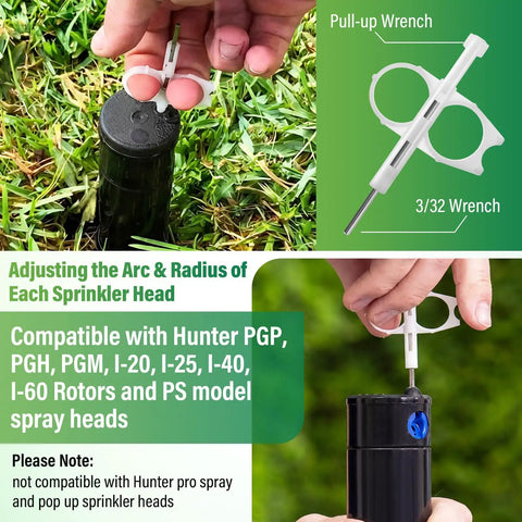 5 Piece Sprinkler Head Tool Kit For Lawn Irrigation DIY Friendly All In One Set, showing a pull-up wrench adjusting a sprinkler head