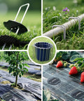 Collage of Beefed Up Six Inch Landscape Staples Kit with Fifty Galvanized U Shaped Stakes in use in garden and lawn settings