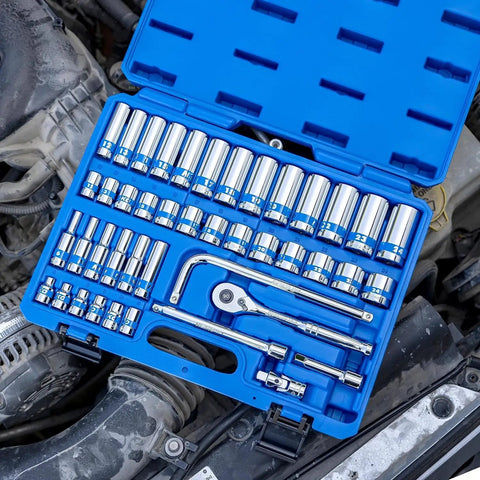 3/8 Inch Drive Socket Set With Quick Release Ratchet And 90 Tooth, 43 Piece Standard And Deep Metric Sockets, blue case on engine