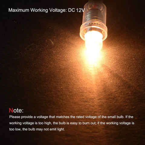 E10 Screw Base Miniature Bulbs For DC 12V Projects Packing Ten Warm Yellow Glow, illuminated, showing wiring and glow.