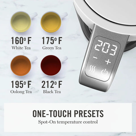 Close-up of digital temperature controls on Electric Kettle With Removable Stainless Steel Tea Infuser And Glass Carafe 1.7L