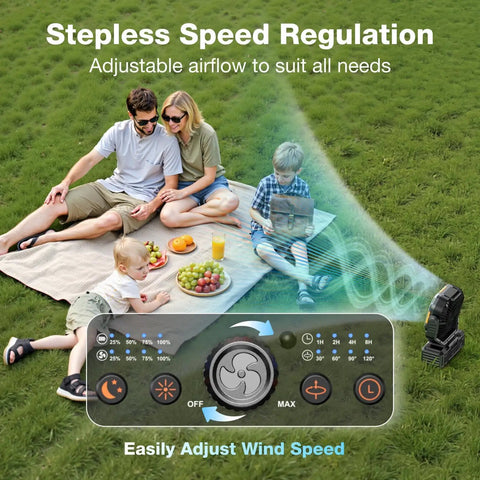 Family enjoying picnic with 30000mAh Portable Camping Fan With Remote And LED Lantern, stepless speed control shown
