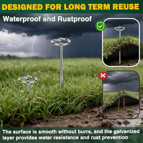 Set Of 150 Heavy Duty Circle Top Landscape Fabric Stakes And Pins 6 Inch Galvanized Weed Barrier Stakes on grass field