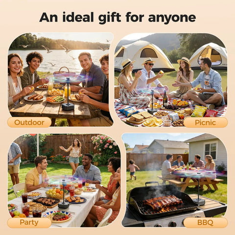 Collage of outdoor scenes with Rechargeable Fly Table Fans With LED Display And Safe Blades used at picnics, parties, BBQs