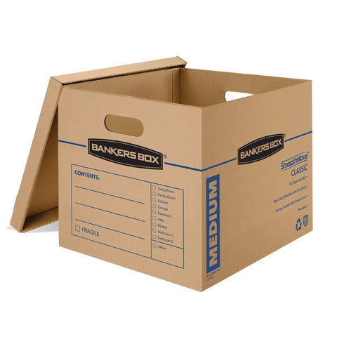 Solid Gear Medium Moving Boxes 20 Pack With Tapeless Assembly And Reinforced Carry Handles showing a medium cardboard box with handles.