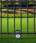 Heavy Duty Sliding Gate Hardware Kit With Double Wheel Track System, 600 Lb Load Capacity, showing dual track wheel on grass.