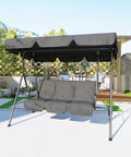 Three Seat Outdoor Porch Swing With Stand And Adjustable Canopy For Backyard Patio, 800 Lb Capacity, Tilt Shade In Grey