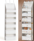 Closet Game Changer Six Shelf Over The Door Fabric Organizer Thickened Non Woven Hanging Storage with tough hooks and various items.