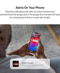 Person holding smartphone showing notification for WiFi Enabled Smartphone Garage Door Controller Lets You Monitor Open And Close Your Door From Anywhere With iPhone Or Android, Works With Alexa And Google Assistant For Hands Free Smart Home Control.