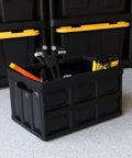 Big Time Heavy Duty Collapsible Storage Bin With 16 Gallon Capacity, Folds Flat Easy For Nifty Closet Or Car Trunk Stash, Stackable Plastic Tote Crate For Versatile Home And Garage Setup In Sleek Black with tools inside