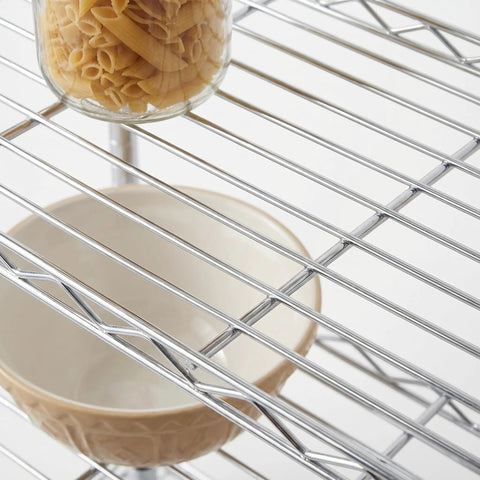 Heavy Duty 3 Tier Adjustable Wire Shelving Unit Slick Chrome Steel Storage Rack For Kitchen with pasta jar and bowl