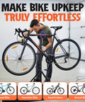 Man using Bike Repair Stand With Workstand Mat And Detachable Wall Mount Clamp Ebike Floor Holder in garage