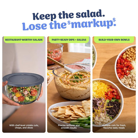 5 In 1 Kitchen Prep And Storage Bowl System Featuring Crinkle Slice And Shred Blades For Real Deal Meal Prep and Hosting Like A Champ With Secure Snap Lids, showcasing salads and dips in clear bowls.