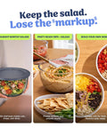 Five In One Food Prep And Storage Bowl System With Crinkle Slicing Shredding Functions, salad bowls and dips displayed on a table.