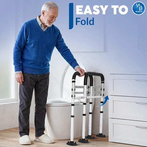 Premium Toilet Safety Rails For Aging Adults And Rehab Users Offers No Sweat Setup with traction handholds, adjustable height.