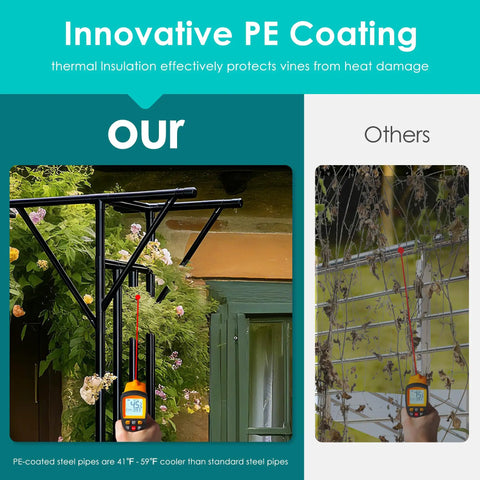 Comparison of PE-coated steel pipe on Flat Top Garden Arch Trellis for Climbing Plants and standard pipe, reducing heat.