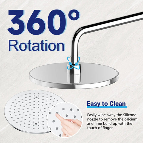 Wall Mounted Rainfall Shower System With 10 Inch High Pressure Head, multifunction handheld, chrome finish, 360° rotation.