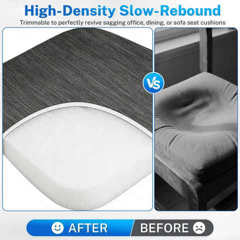 Comparison of Top Tier Polyurethane Foam Sheets, Heavy Duty Cushion Mat showing high-density white foam vs sagging cushion.