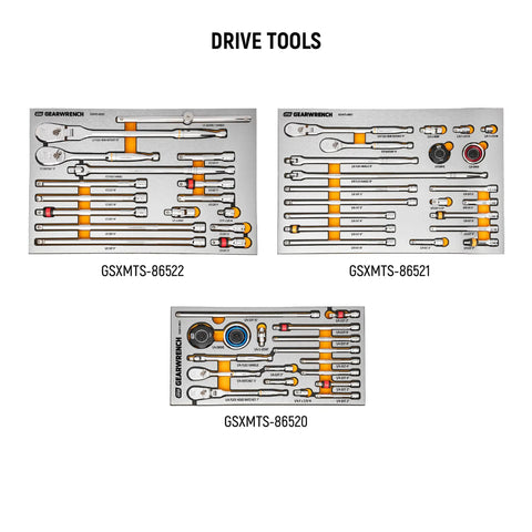 Image of 1024 Piece Master Mechanics Tool Set With Premium Modular Foam Trays And GSX Mobile Tool Storage Built For Pros And Serious DIYers featuring drive tools organized in foam trays labeled GSXMTS-86522, GSXMTS-86521, and GSXMTS-86520.
