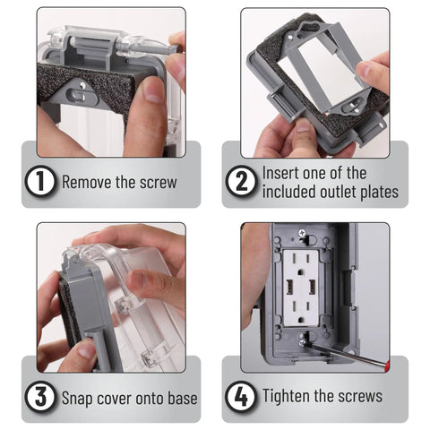 Instructions for using Insane Weatherproof Electrical Outlet Covers 3 Pack 1 Gang Outdoor Plugs, showing installation steps.