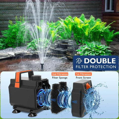 Pond Fountain Pump Kit With Automatic Colorful LED Lights For Outdoor Ponds 400-900 Gal, 880GPH Submersible Water Pump with filtration