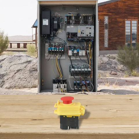 Rock Solid Five Pin Electromagnetic Pushbutton Switch 250V IP54 Waterproof on a wooden table next to a control panel.