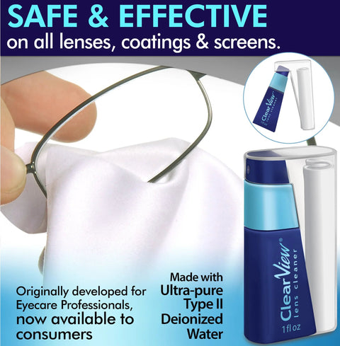 ClearView lens cleaner spray bottle with microfiber cloth, 1 fl oz, travel-size eyeglass cleaning kit