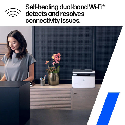 LaserJet Pro All In One Wireless Printer With Duplex Printing For Small Teams displayed on office desk.