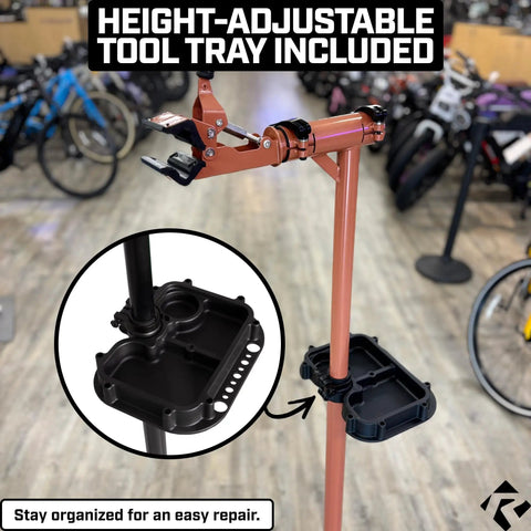 Heavy Duty E Bike Repair Stand With Telescoping Arm 360 Degree Rotating Clamp Magnetic Tool Tray And Adjustable Handlebar Rod