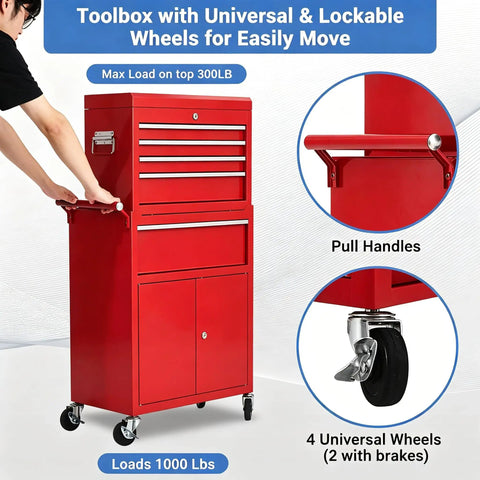 Heavy Duty Rolling Tool Chest With Five Spacious Drawers And Lockable Bottom Cabinet Detachable Mobile Workbench For Garage Storage with lockable wheels.
