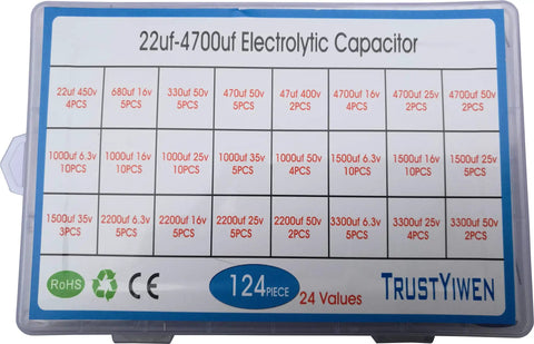 No Fluff 124 Piece Radial Electrolytic Capacitor Assortment Kit With Heavy Duty Aluminum Parts spanned in a clear storage box.