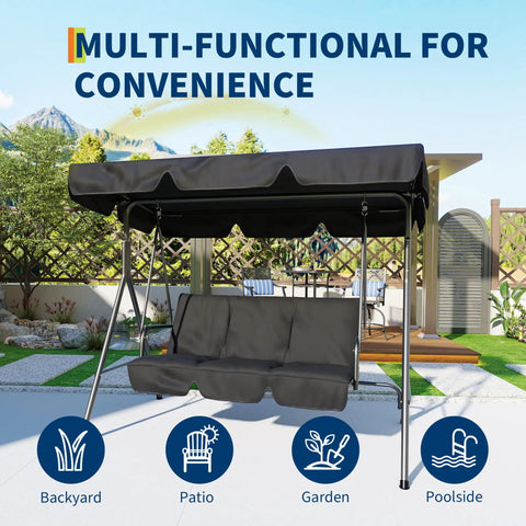 Three Person Outdoor Patio Swing Chair With Adjustable Canopy Shade Removable Sun Shade For Backyard Deck Porch Cozy Three Seater Swing Seat With Tilt Canopy For All Day Comfort And Relaxation on patio