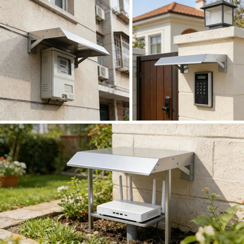 Heavy Duty EV Charger Weather Canopy Cover With Sloped Stainless Steel Top protecting devices from elements on outdoor walls.
