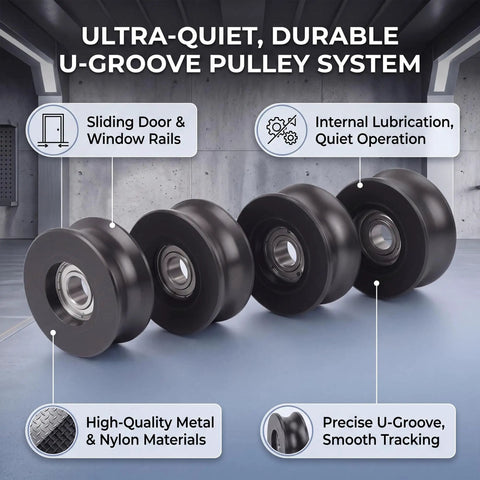 Precision Engineered Top Shelf PU Bearing Pulley Wheels 4 Pack Hella Durable U Groove Nylon Rollers Smooth Gliding Patio Door Hardware Replacement Set, close-up of durable nylon rollers.