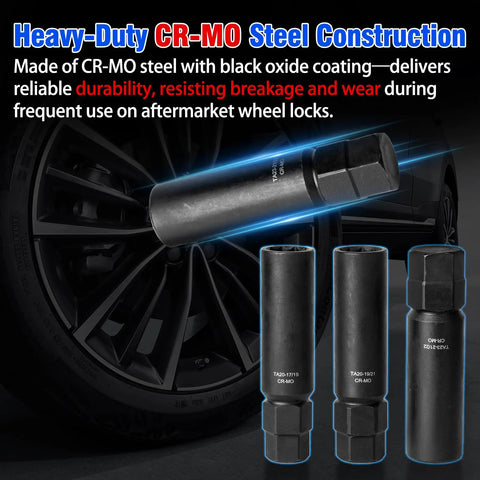 Beefed Up 10 Spline Lug Nut Socket With Key Set 2.9mm Wall Resists Cracks Breaks Easy Swap Compatible With Ta23 21 22 Ta20 Replacement Tools Garage Grade Wrench Bar Set on a black wheel background.