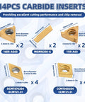 14PCS carbide inserts for lathe tool set, includes 16ER AG60, MGMN200-G, 11IR A60, DCMT070204, CCMT060204, excellent cutting performance.