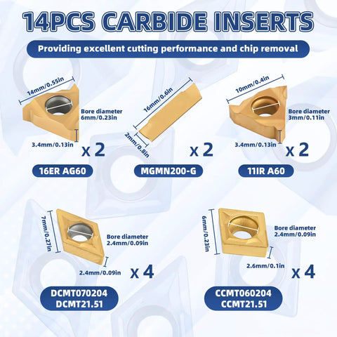 14PCS carbide inserts for lathe tool set, includes 16ER AG60, MGMN200-G, 11IR A60, DCMT070204, CCMT060204, excellent cutting performance.